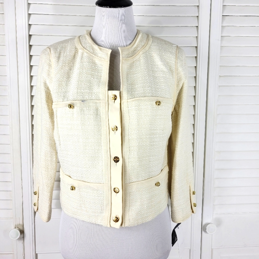 Magaschoni women 10 patch- pocket cotton blend tweed jacket shoulder pads